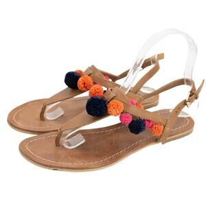 Boden Pom Pom T-Strap Leather Summer Thong Sandals Size 36 US 5.5